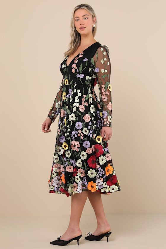Impressive Blossom Black 3D Floral Embroidered Midi Dress