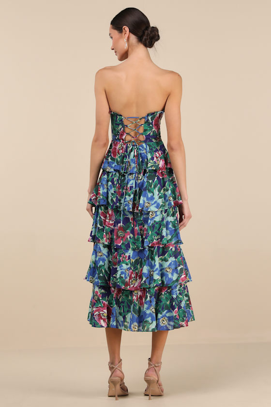 Nayha Blue Multi Floral Strapless Tiered Midi Dress