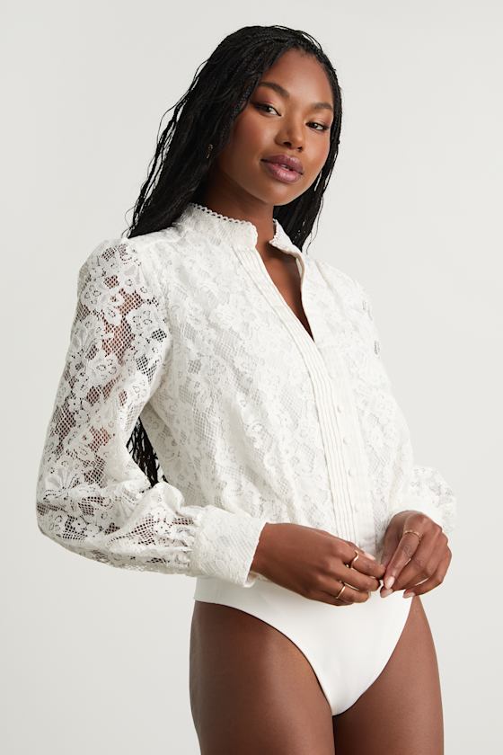 Mirabie Ivory Lace Button-Front Long Sleeve Bodysuit