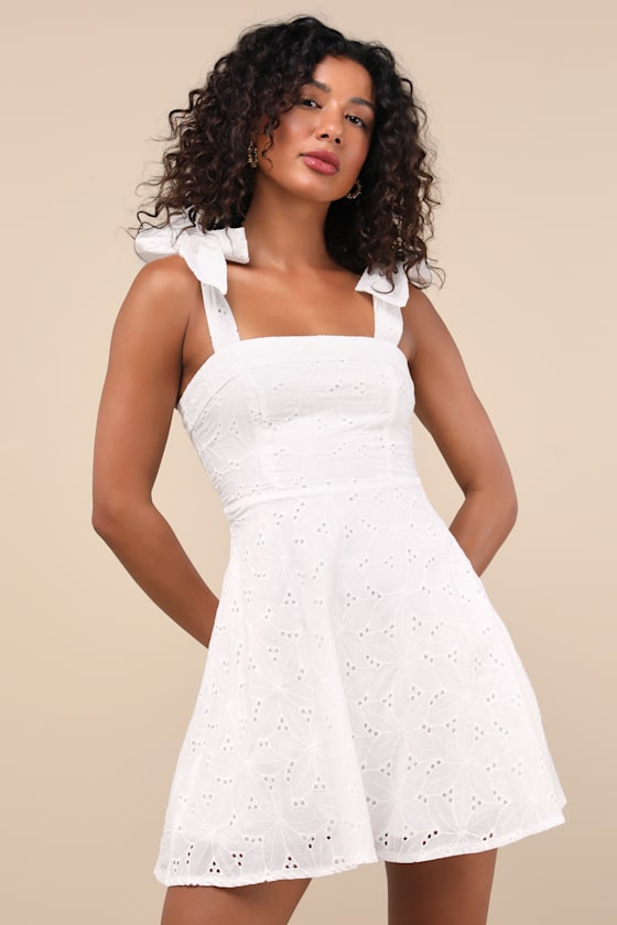 Sneak a Kiss White Floral Embroidered Tie-Strap Mini Dress
