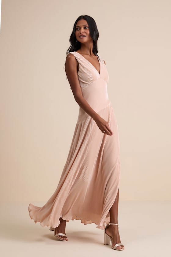 Renee Blush Satin Plisse V-Neck Maxi Dress