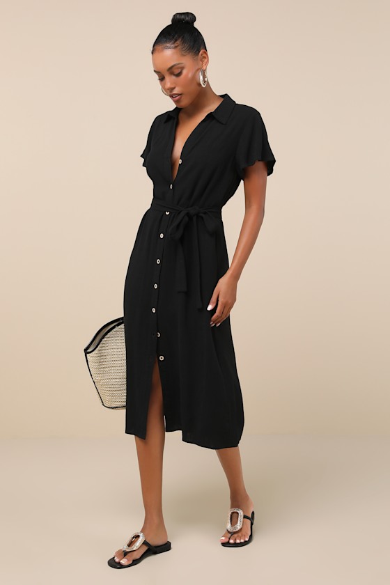 Italian Summer Black Linen Button-Up Short Sleeve Midi Dress