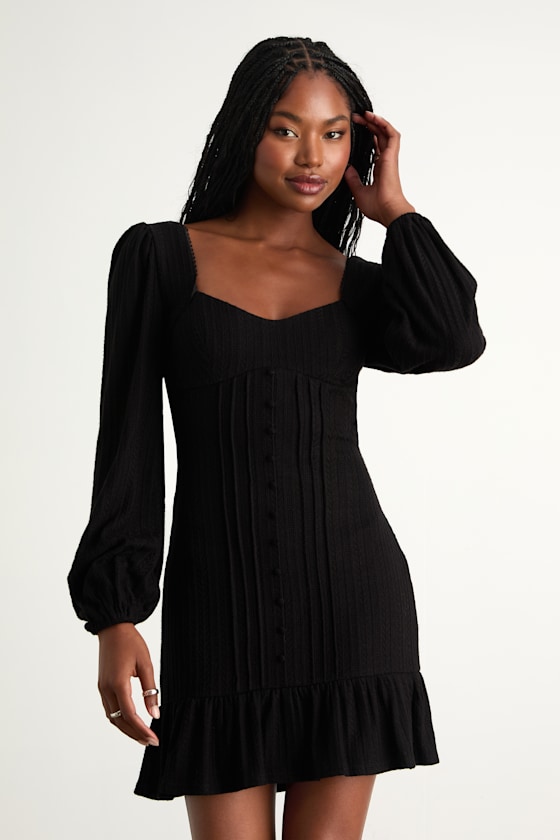 Coveted Sweetness Black Pointelle Knit Long Sleeve Mini Dress