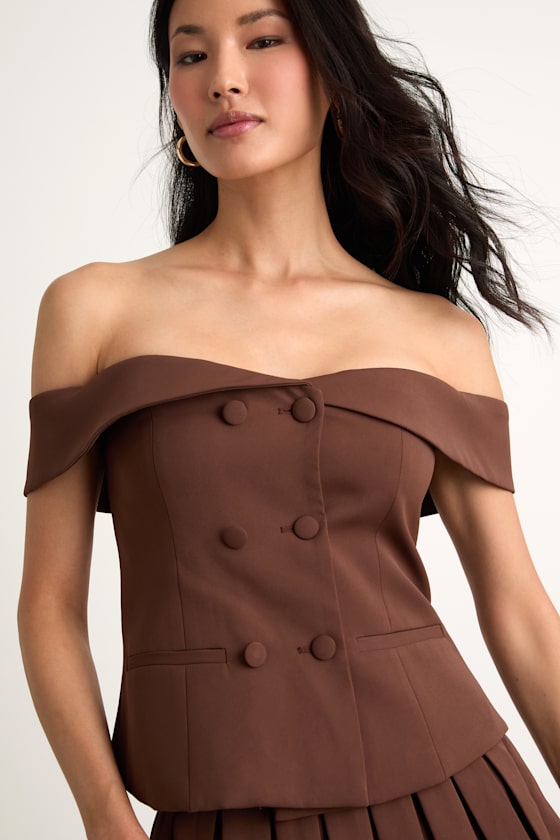 Mahika Brown Double-Breasted Off-the-Shoulder Top