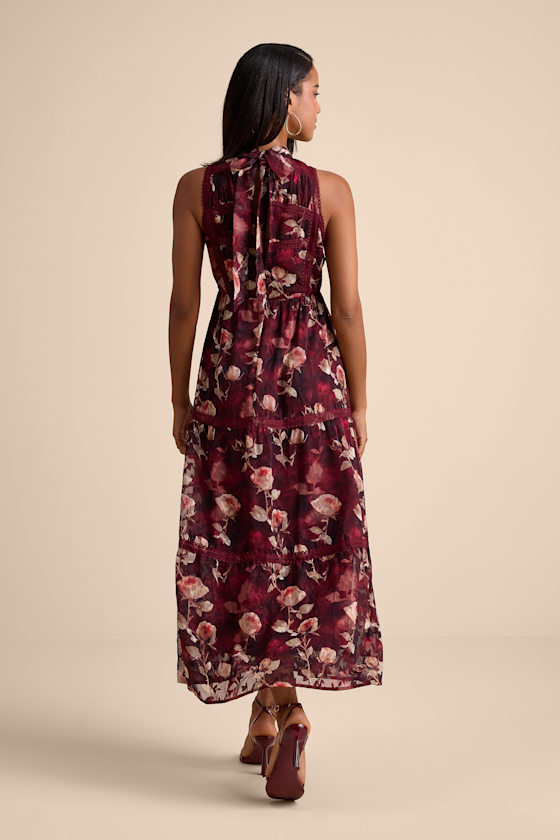 Etheline Burgundy Floral Lace Tiered Midi Dress