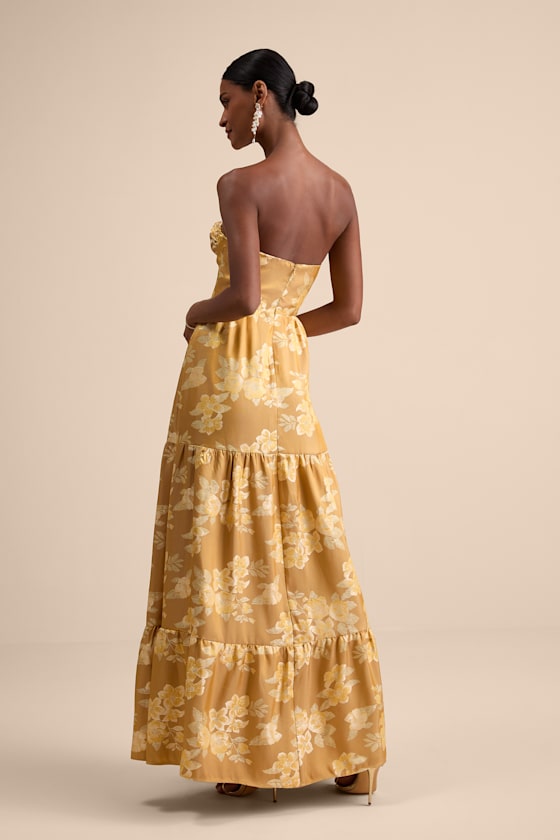 Petrina Golden Yellow Floral Jacquard Strapless Maxi Dress
