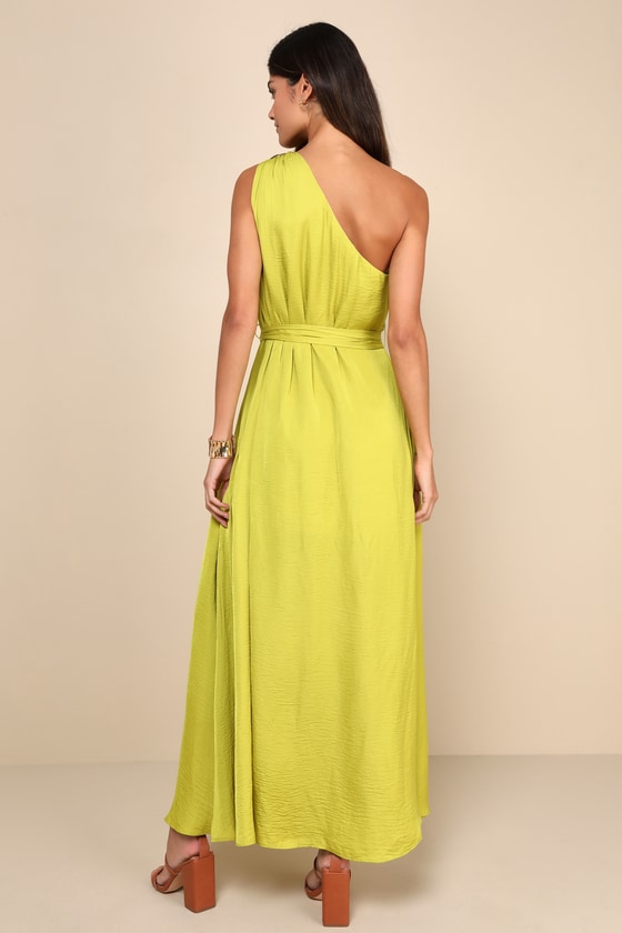 Goddess Aura Chartreuse Satin One-Shoulder Maxi Dress