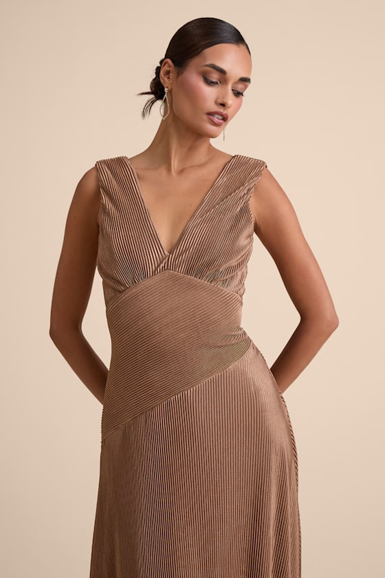Renee Light Brown Satin Plisse V-Neck Maxi Dress