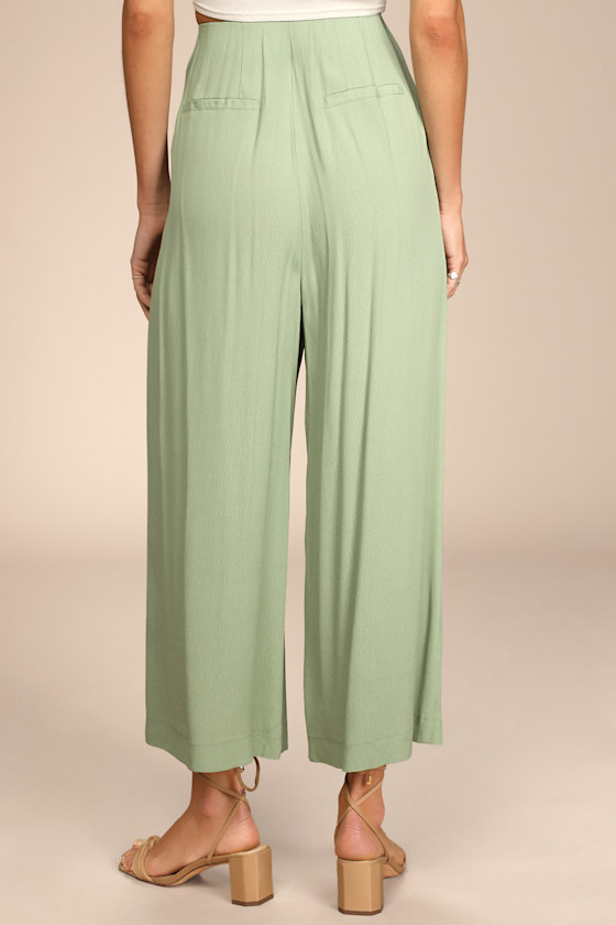 Stroll On Over Sage Green Button-Front Wide-Leg Pants