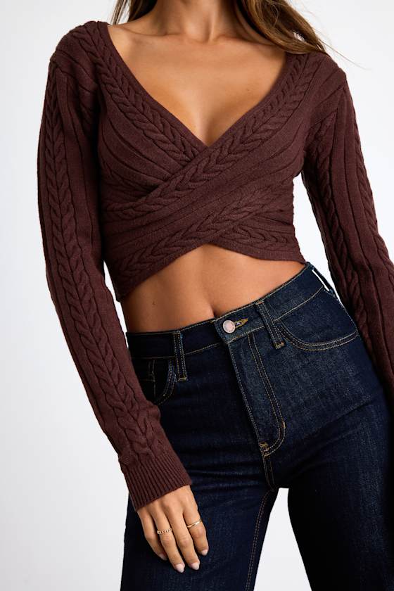Feliya Brown Cable Knit Cross-Front Sweater Crop Top