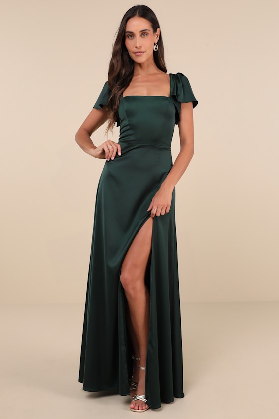 Ultimate Sweetness Emerald Green Satin Flutter Sleeve Maxi Dress