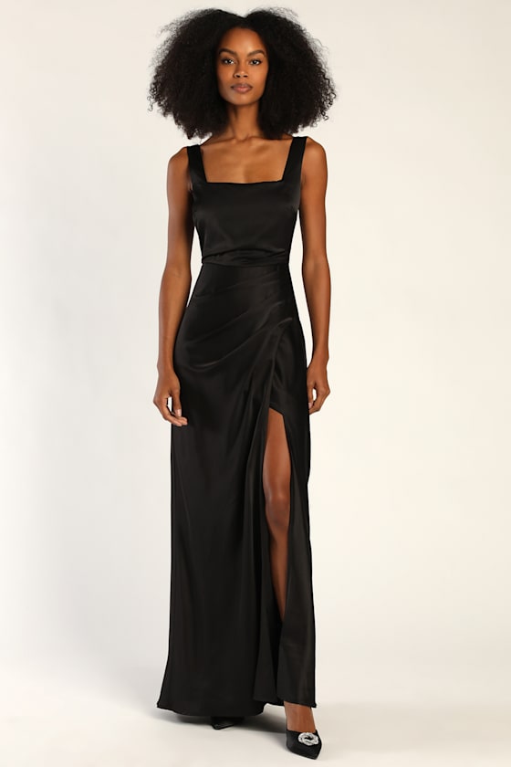 Red Carpet Romance Black Satin Square Neck Maxi Dress