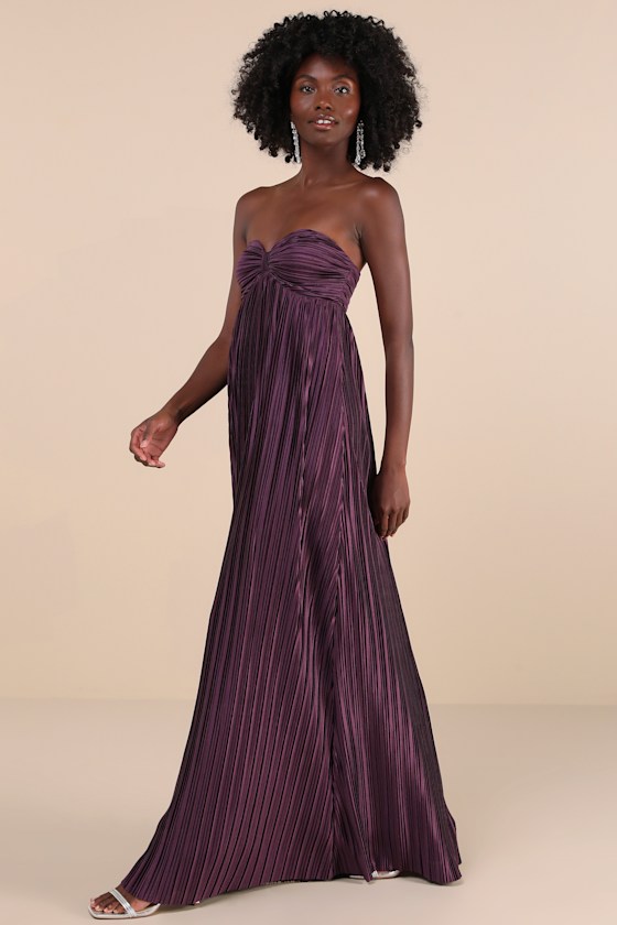 Whimsical Beauty Dark Purple Satin Plisse Strapless Maxi Dress