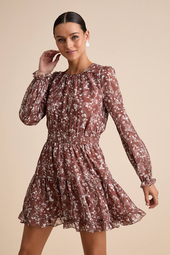 Too Cute Brown Floral Print Smocked Long Sleeve Mini Dress