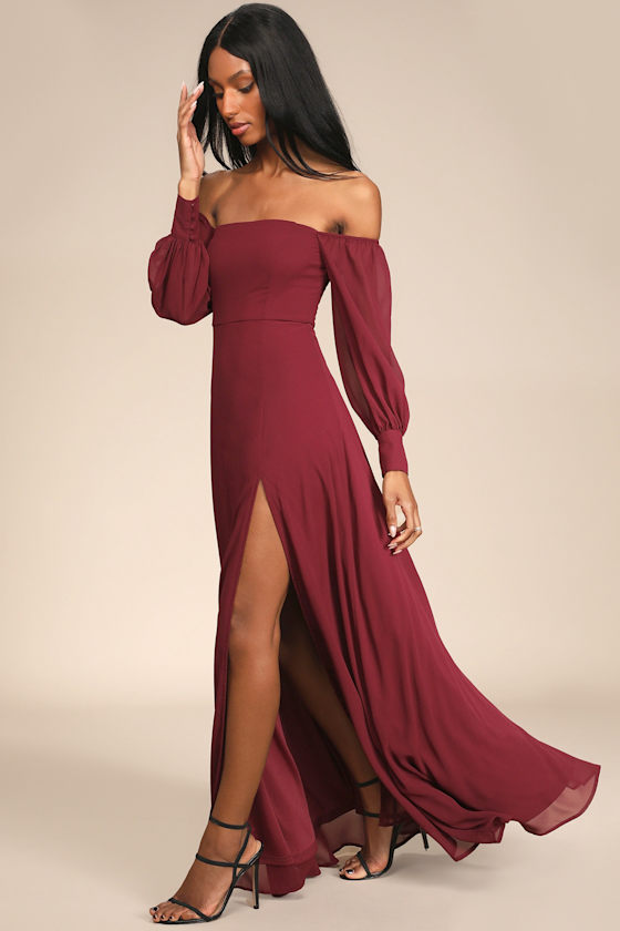 Feel the Romance Burgundy Off-the-Shoulder Maxi Dress