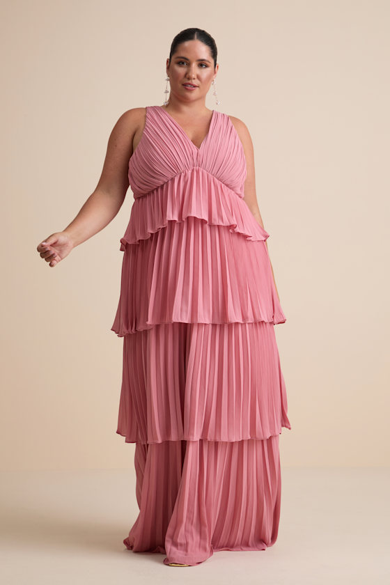 Mesmerizing Essence Pink Pleated Backless Tiered Maxi Dress