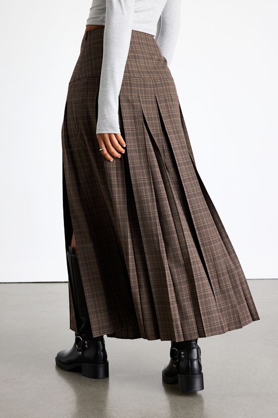 Vessa Brown Plaid High-Rise Pleated Maxi Skirt