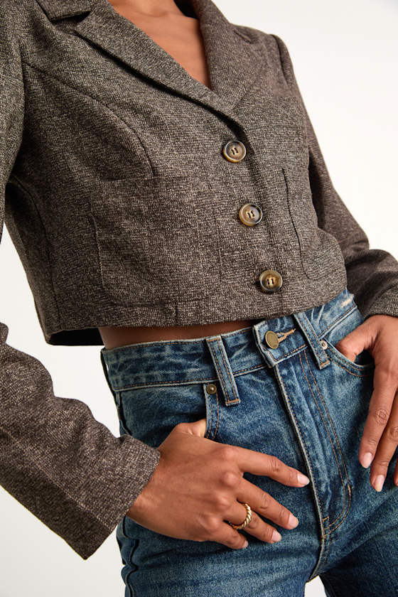 Lindy Brown Plaid Tweed Cropped Blazer