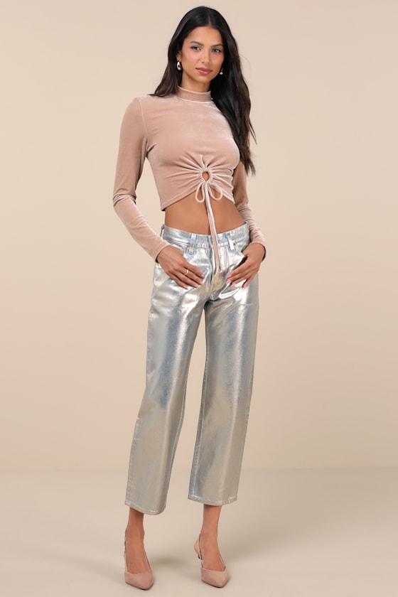 Lucky Moments Beige Velvet Drawstring Cutout Crop Top