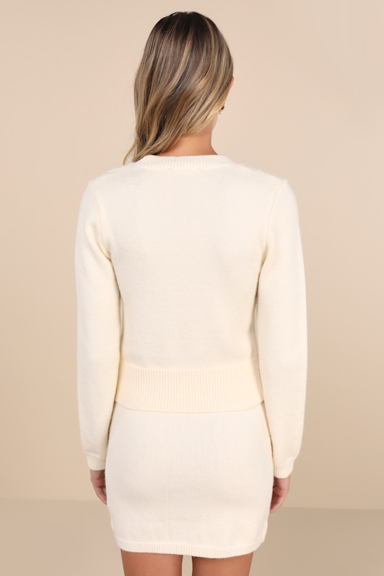 Darling Sophistication Ivory Cable Knit Bow Crew Neck Sweater