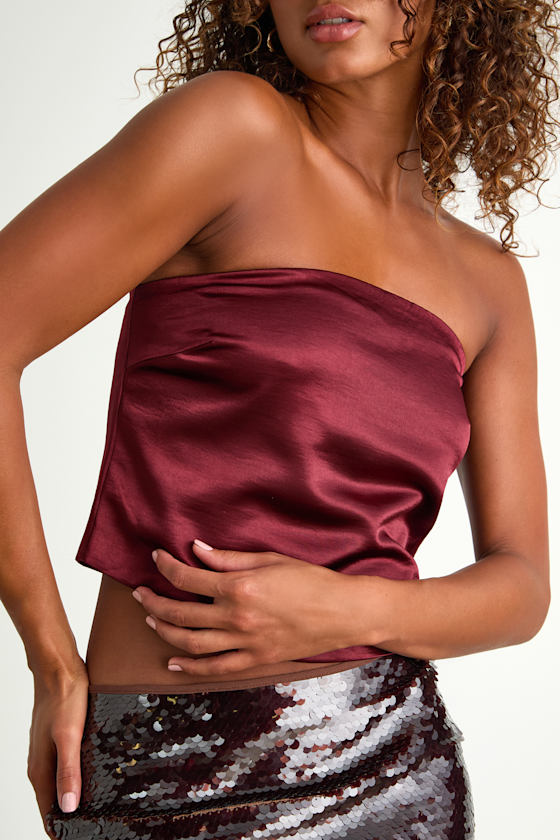 Devine Burgundy Satin Strapless Crop Top