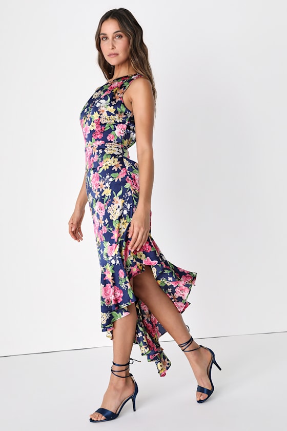 Divinely Blooming Blue Multi Floral One-Shoulder Midi Dress