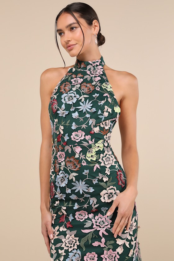 Infinite Praise Emerald 3D Floral Embroidered Halter Maxi Dress
