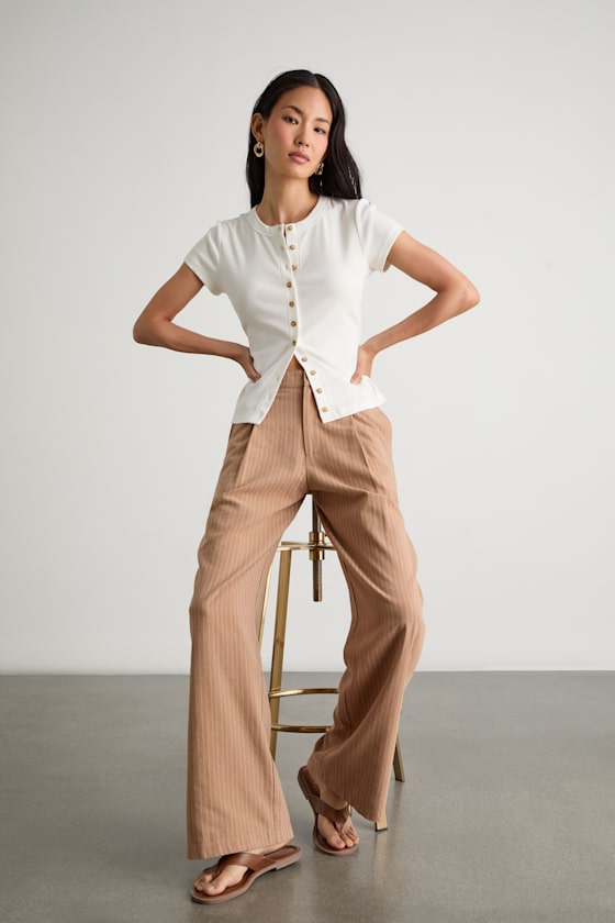 Siyana Tan Pinstriped Linen Straight Leg Trouser Pants