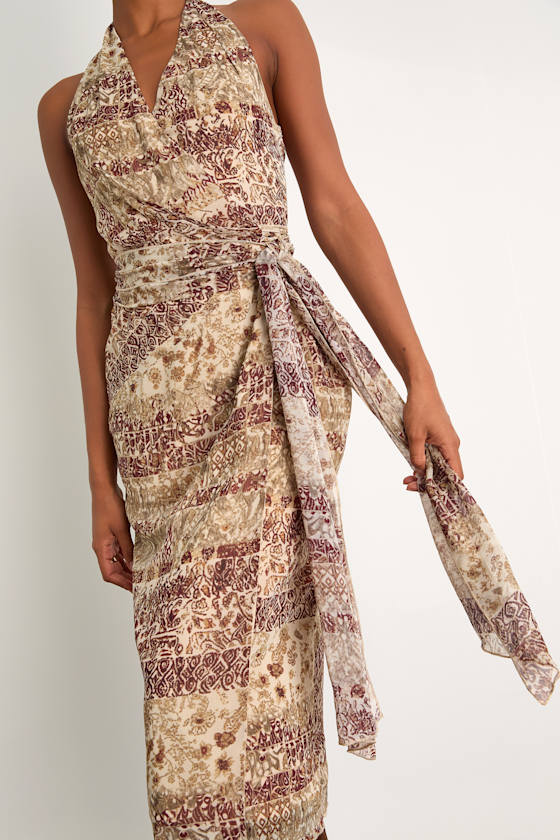 Francine Beige Multi Boho Print Halter Midi Dress