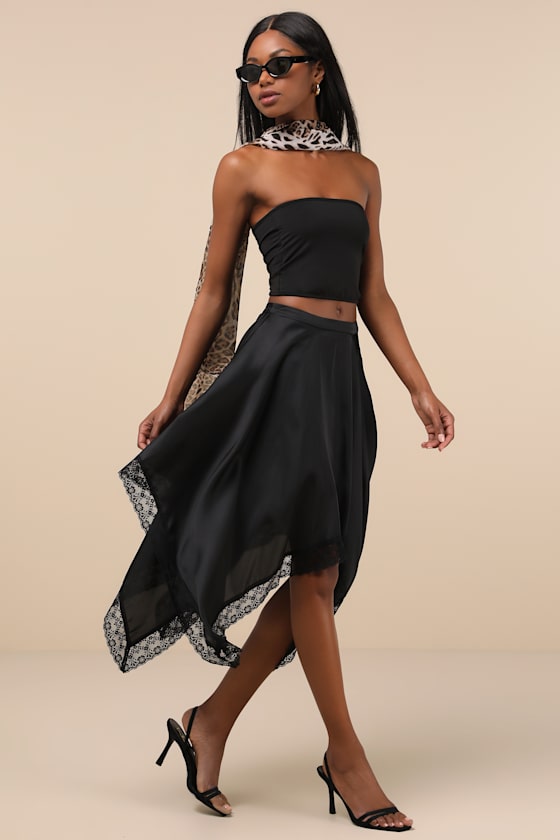 Indescribable Allure Black Satin Handkerchief Midi Skirt