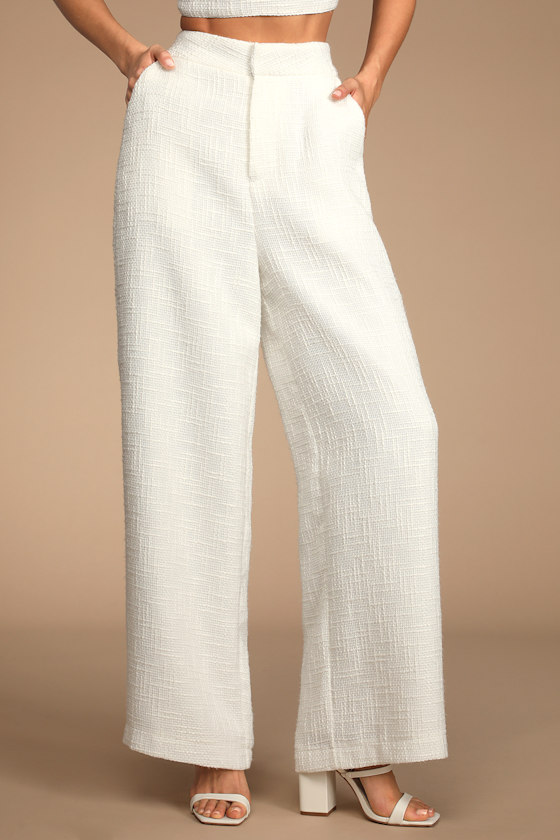 Chic and Sophisticated Ivory Tweed Wide-Leg Pants