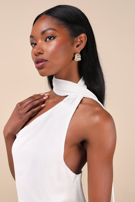 Isloda Ivory One-Shoulder Backless Sash Mini Dress