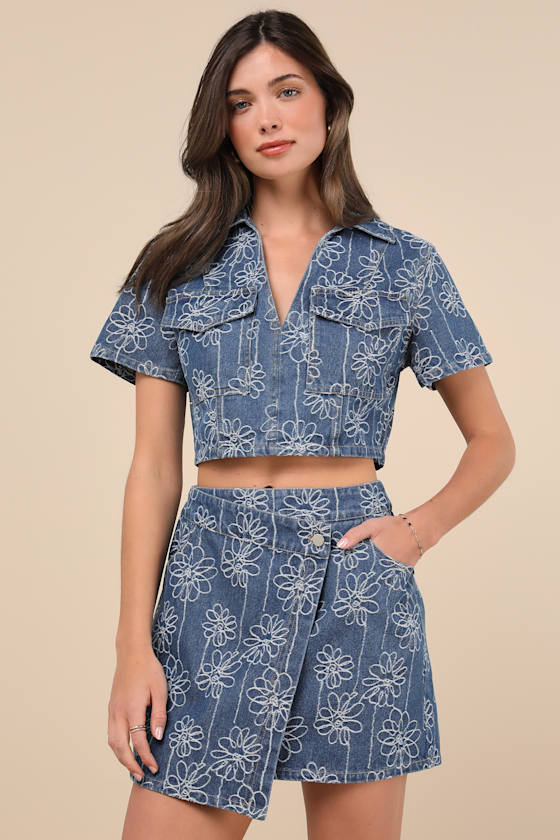 Nicest Aura Medium Wash Embroidered Denim Two-Piece Dress