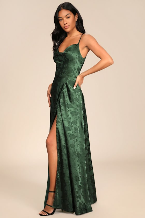 Simply Dreamy Emerald Green Satin Floral Jacquard Maxi Dress