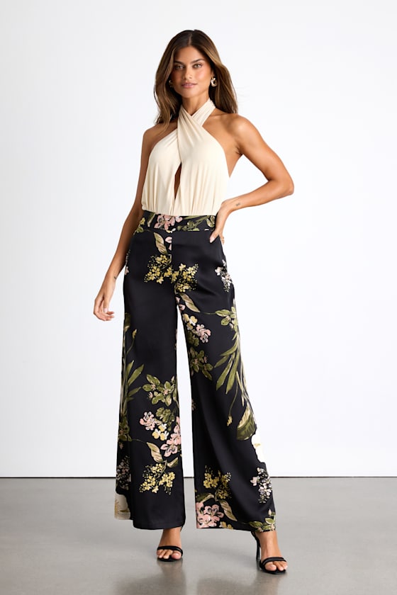 Thriving Vibes Black Multi Floral Print Satin Wide-Leg Pants