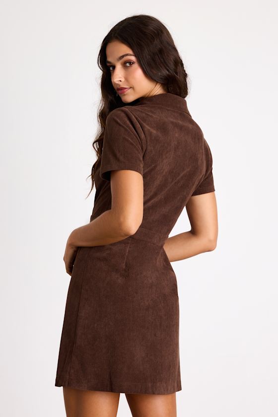 Go-Getter Girl Brown Corduroy Mini Dress With Pockets