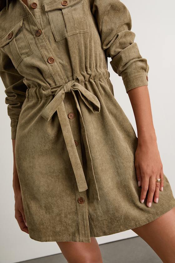 Simple Affection Olive Corduroy Mini Dress With Pockets