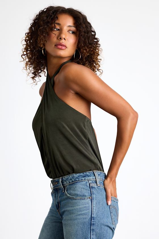 Jamison Dark Green Jersey Knit Cross-Front Halter Bodysuit