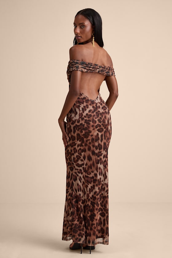 Dunia Brown Leopard Print Mesh Off-the-Shoulder Maxi Dress