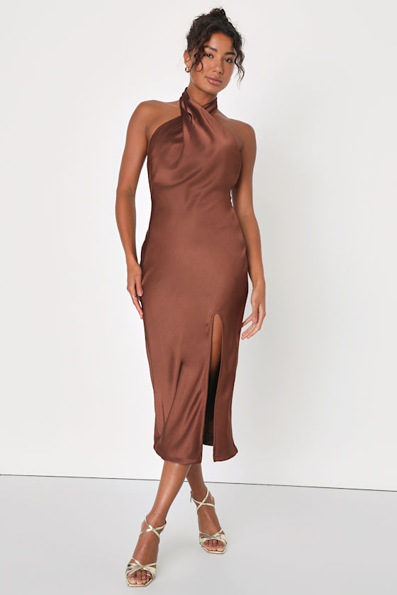 Beyond Classy Brown Satin Halter Midi Dress