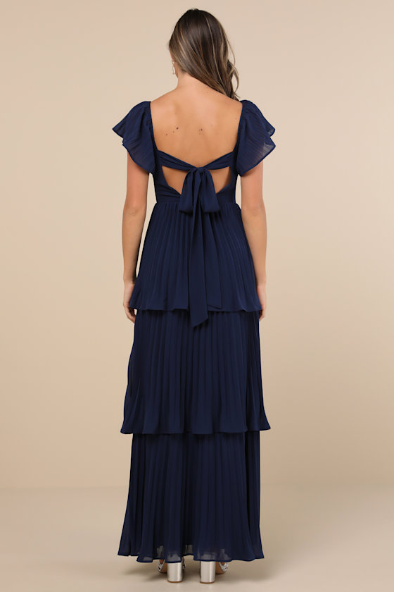 Notorious Charm Navy Blue Pleated Flutter Sleeve Maxi Dress