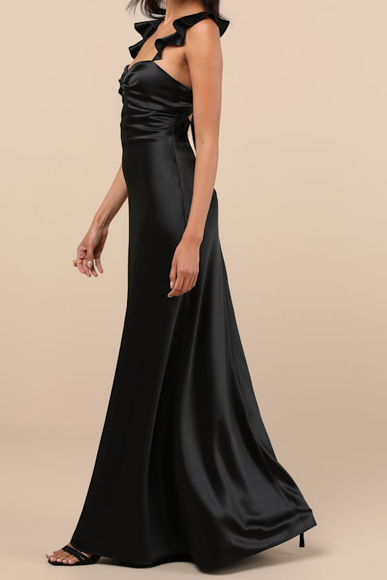 Exuberant Luxury Black Satin Ruffled Lace-Up Maxi Dress