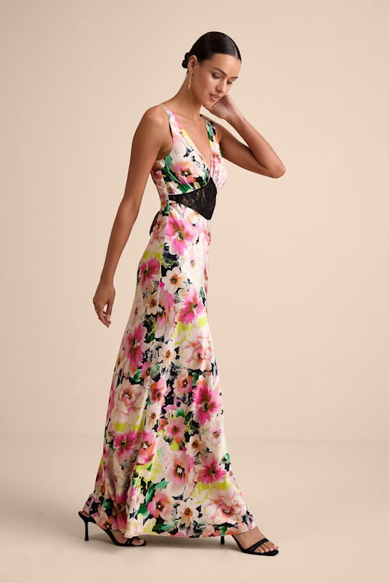 Solaina Pink and Black Multi Floral Satin Lace Maxi Dress