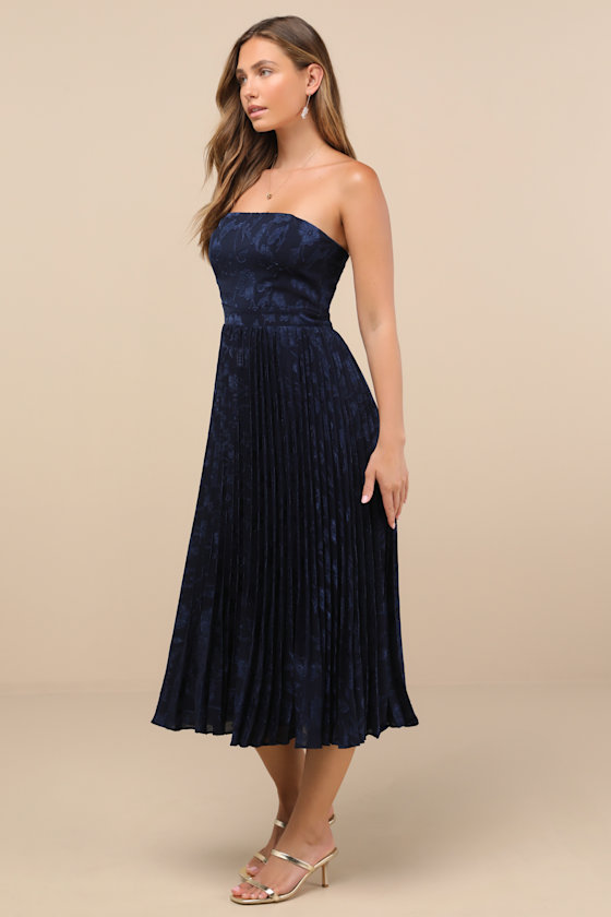 Perfectly Stunning Navy Jacquard Strapless Midi Dress