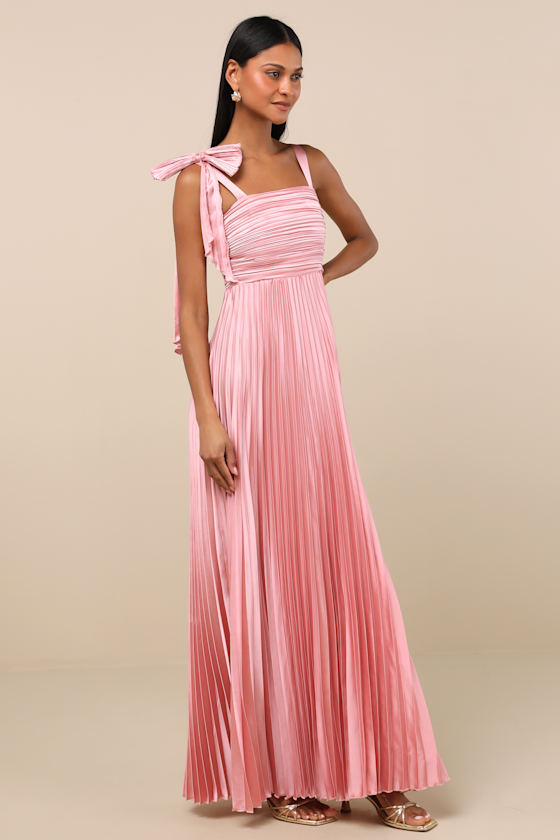 Gorgeous Purpose Pink Satin Pleated Sleeveless Bow Maxi Dress