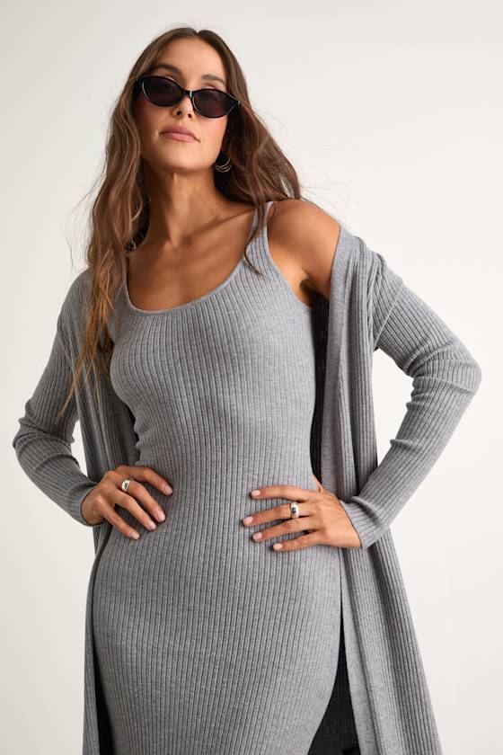 Layer Lover Heather Grey Ribbed Midi Dress & Cardigan Set