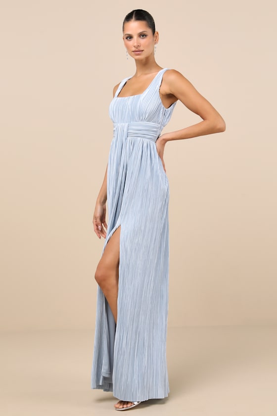 Ameena Light Blue Plisse Square Neck Sash Maxi Dress