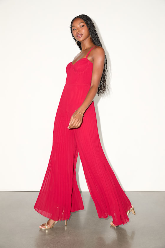 Exemplary Poise Red Pleated Wide-Leg Jumpsuit