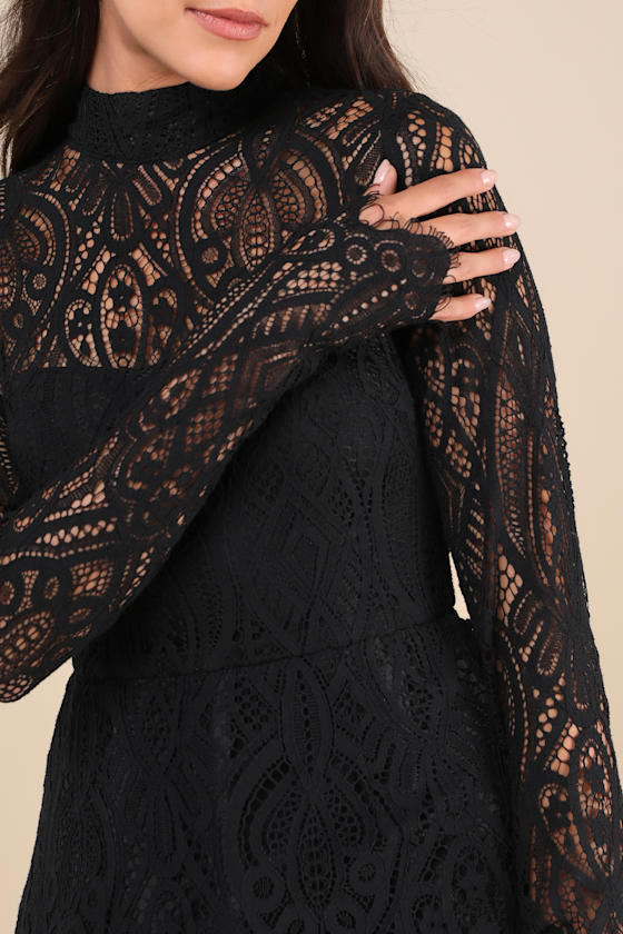 Gorgeous Attraction Black Lace Structured Long Sleeve Mini Dress