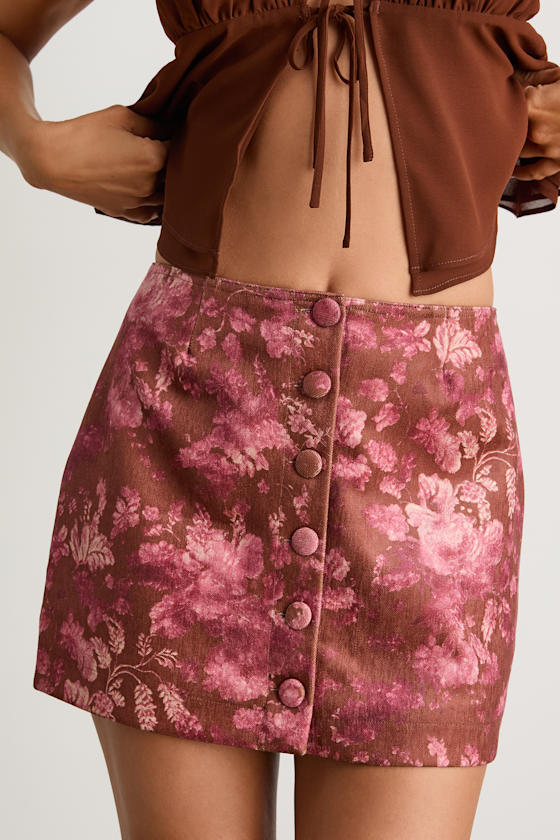 Riordan Brown and Pink Floral Button-Front Mini Skirt